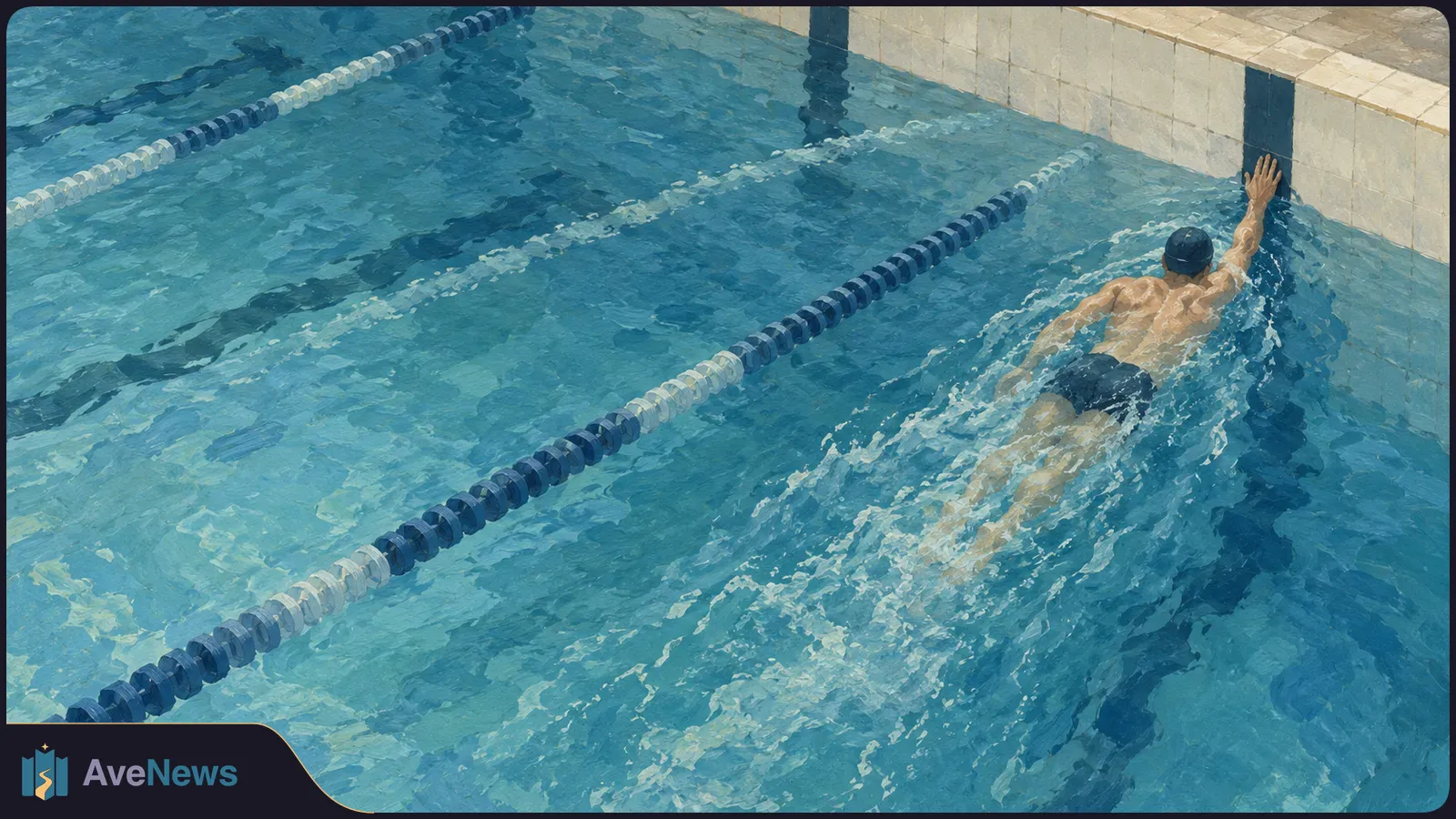Illustration of a swimmer in a dark cap and trunks reaching the tiled wall of a blue pool, with lane dividers alongside. SI illustration
