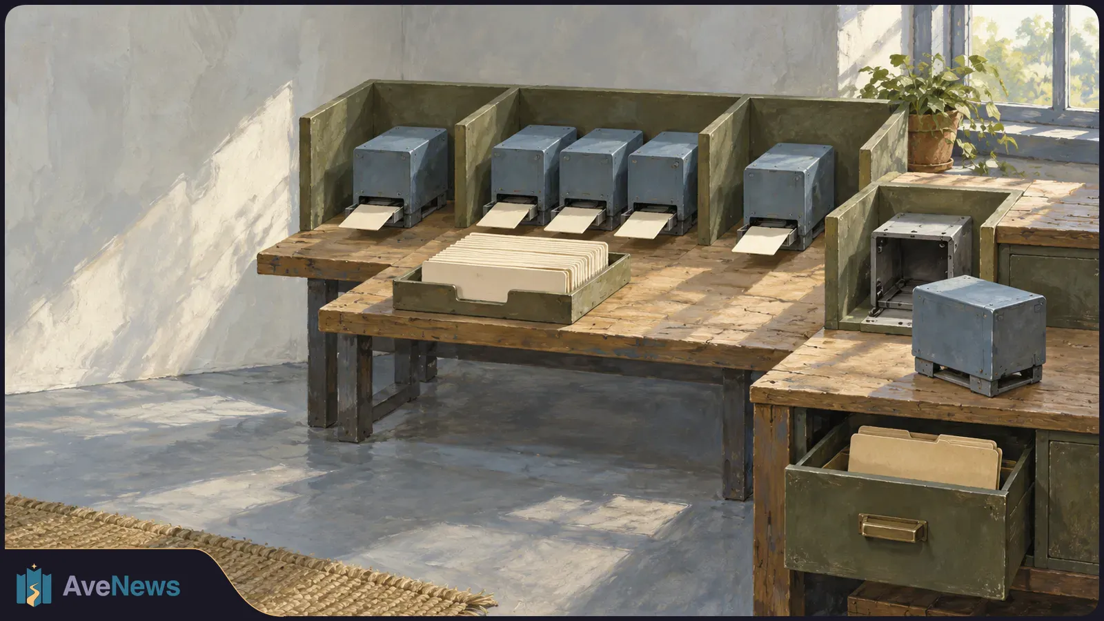 A painted room with several small metal machines feeding blank sheets across wooden tables; a stack of folders sits in a tray, with more folders in an open drawer. SI illustration