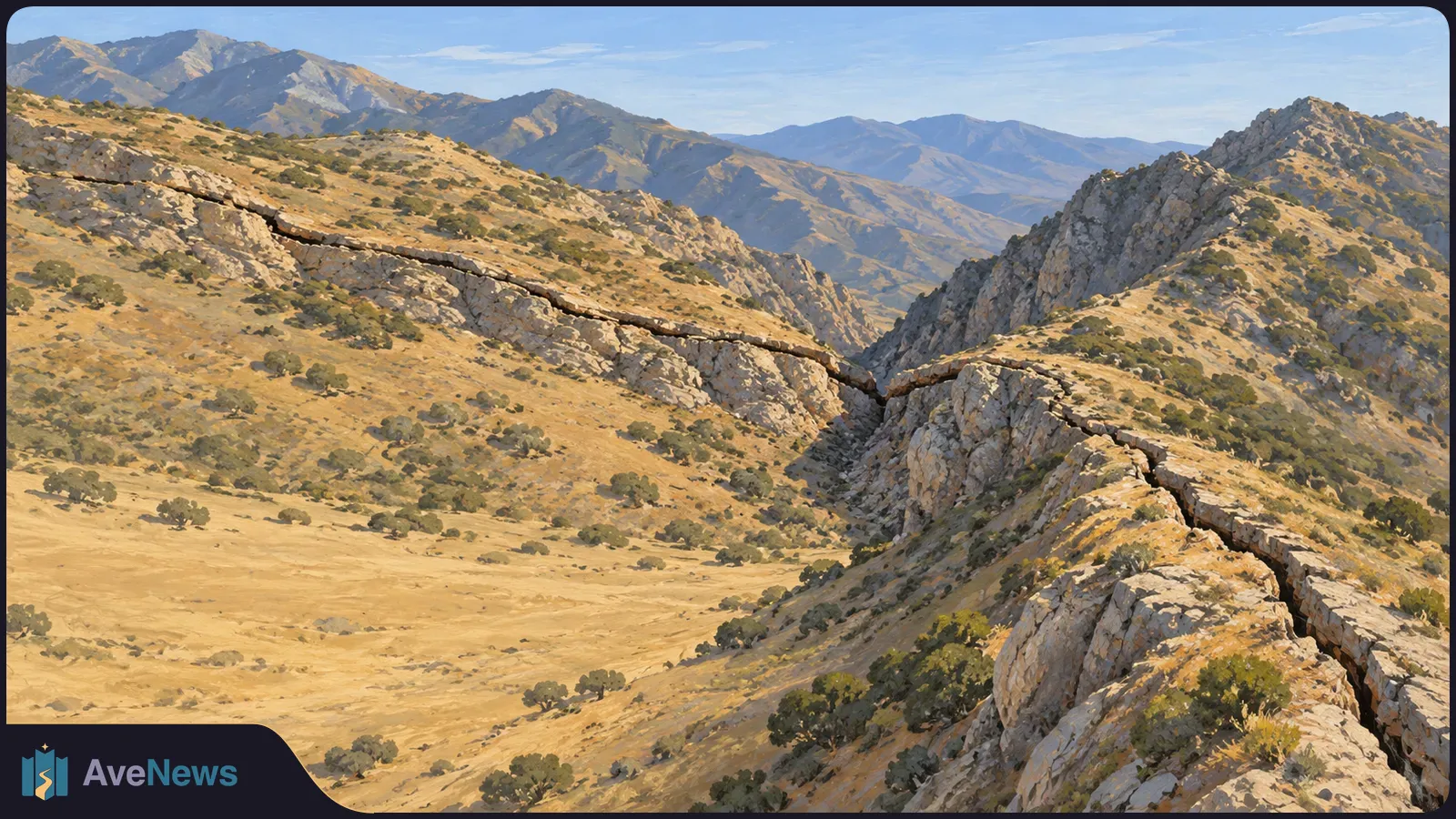 Illustration of a dry mountain pass, with a dark fissure crossing rocky ridges and running down the foreground slope. SI illustration