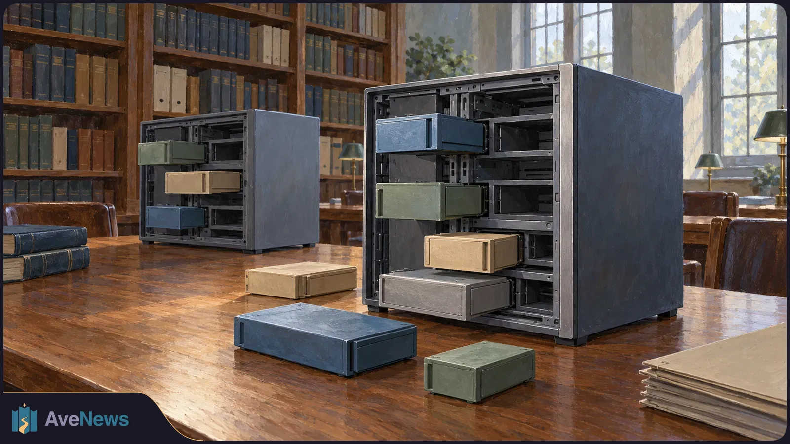 In a book-lined room, two open dark cabinets hold colored rectangular modules; several more lie on a wooden table. SI illustration