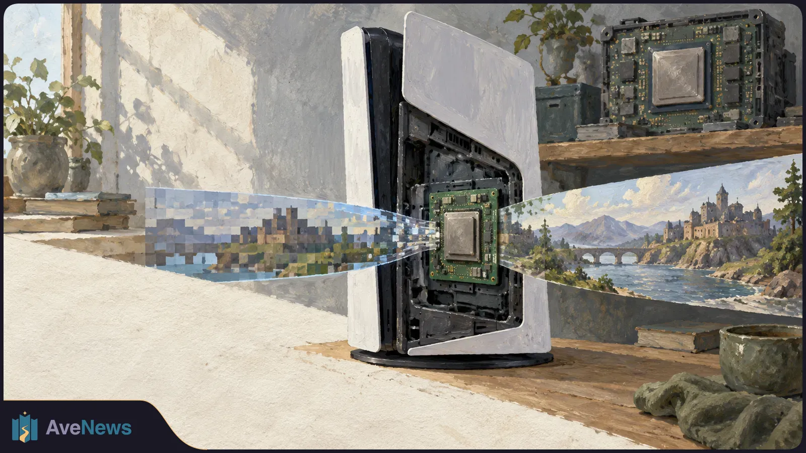 Painted cutaway of a white game console with an exposed chip, between a blocky landscape image on the left and a detailed castle-and-river scene on the right. SI illustration
