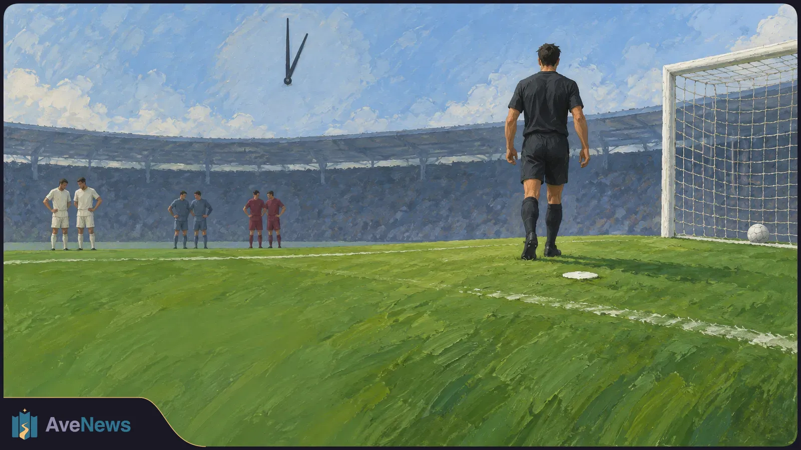 Painterly football stadium scene with a black-clad figure walking toward a goal, a ball by the net, six players in pairs across the pitch and clock hands above. SI illustration