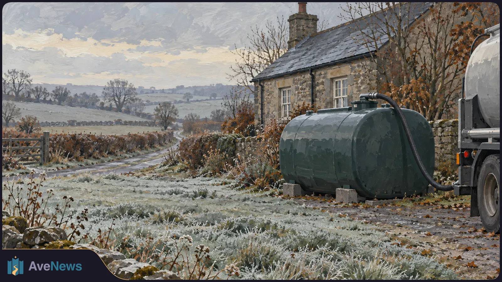 Painted rural winter scene with a green heating-oil tank beside a stone house, connected by a hose to a delivery truck at the right edge. SI illustration