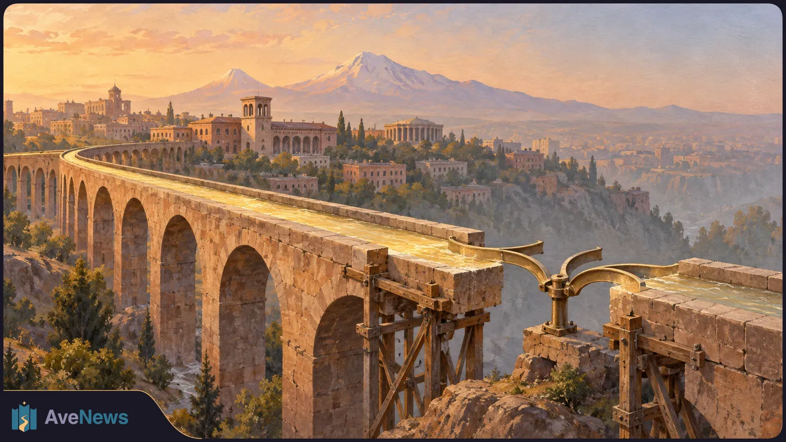 Painted scene of a stone arched bridge with a gap and metal supports above a wooded valley, with a city and snow-capped mountains at sunset. SI illustration