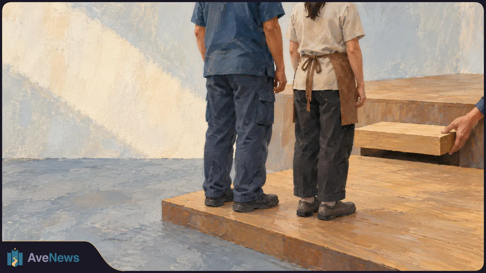 Painterly illustration of two workers seen from behind on a wooden platform, with an arm at right holding a plank against a pale wall. SI illustration