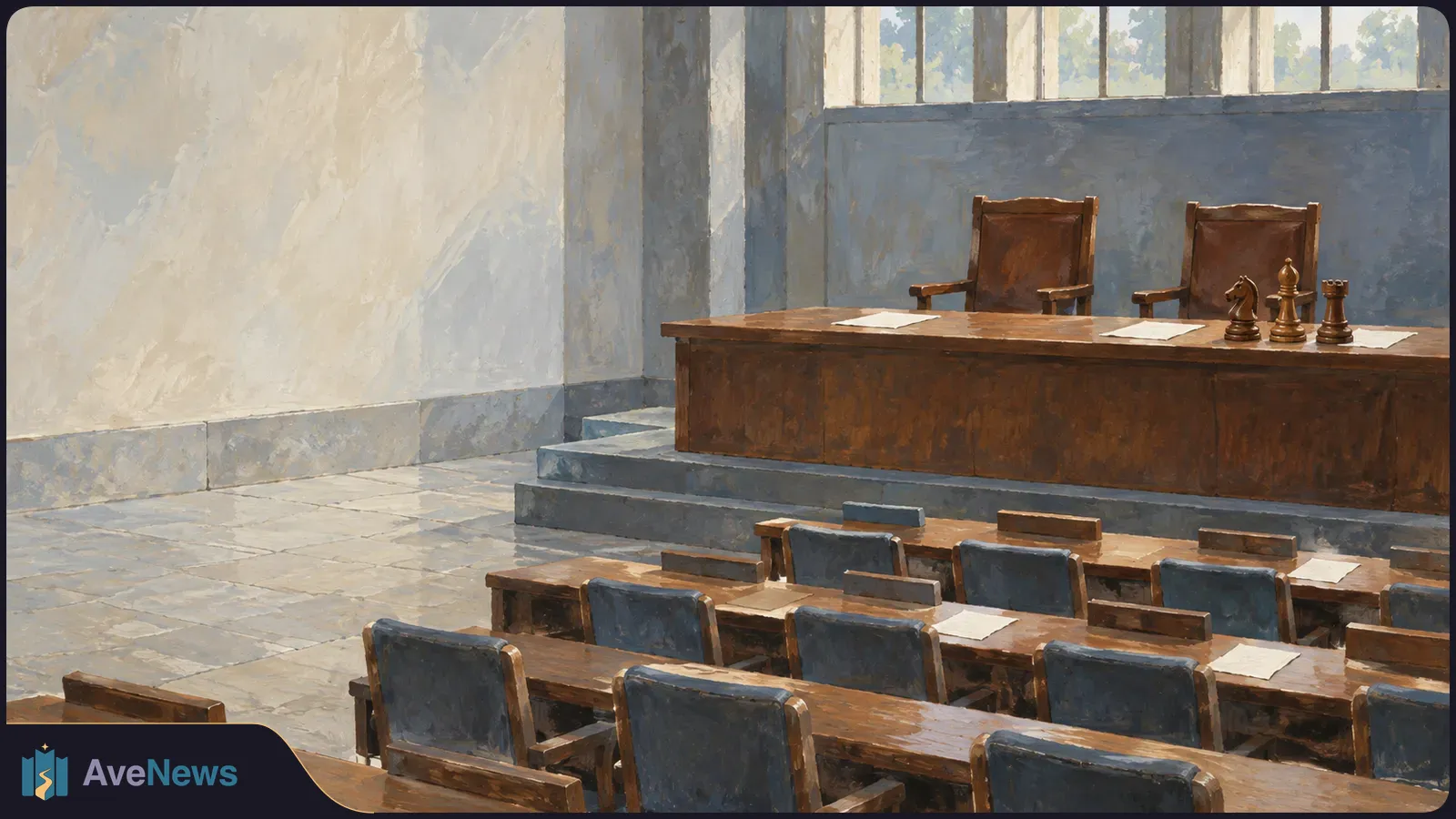 Painted empty assembly room with rows of wooden desks and blue chairs facing a raised table with two chairs, chess pieces and blank papers. SI illustration