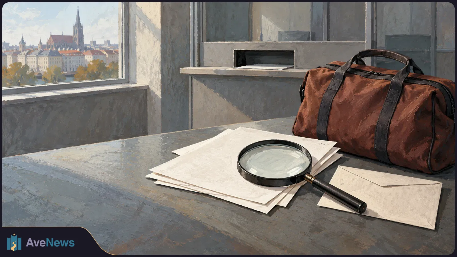 Illustration of blank papers, an envelope and a magnifying glass on a desk beside a brown bag; city buildings and a church spire are visible through a window. SI illustration