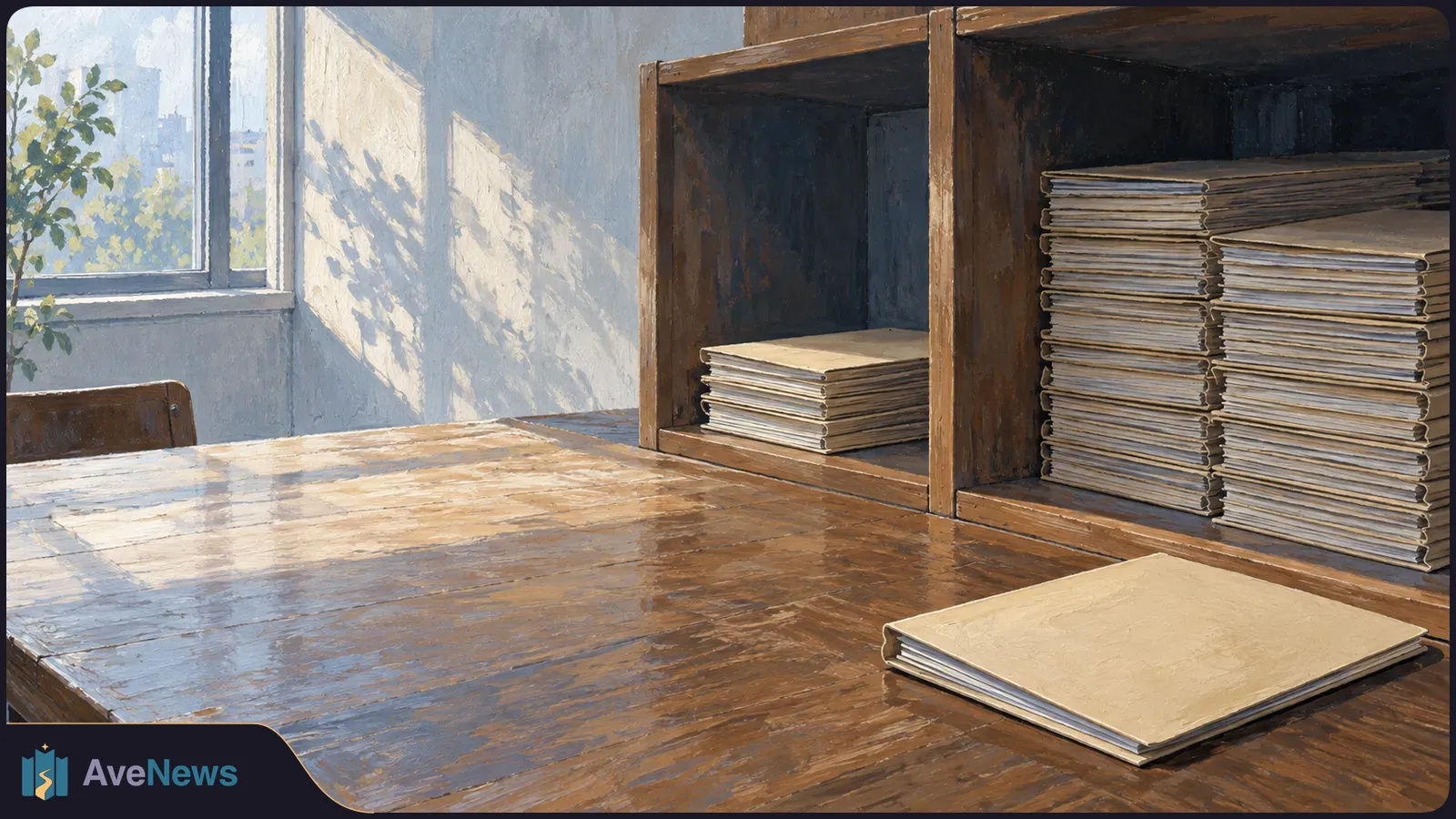 Painted sunlit room with a closed folder on a wooden table and neat stacks of papers on open wooden shelves beside a window. SI illustration