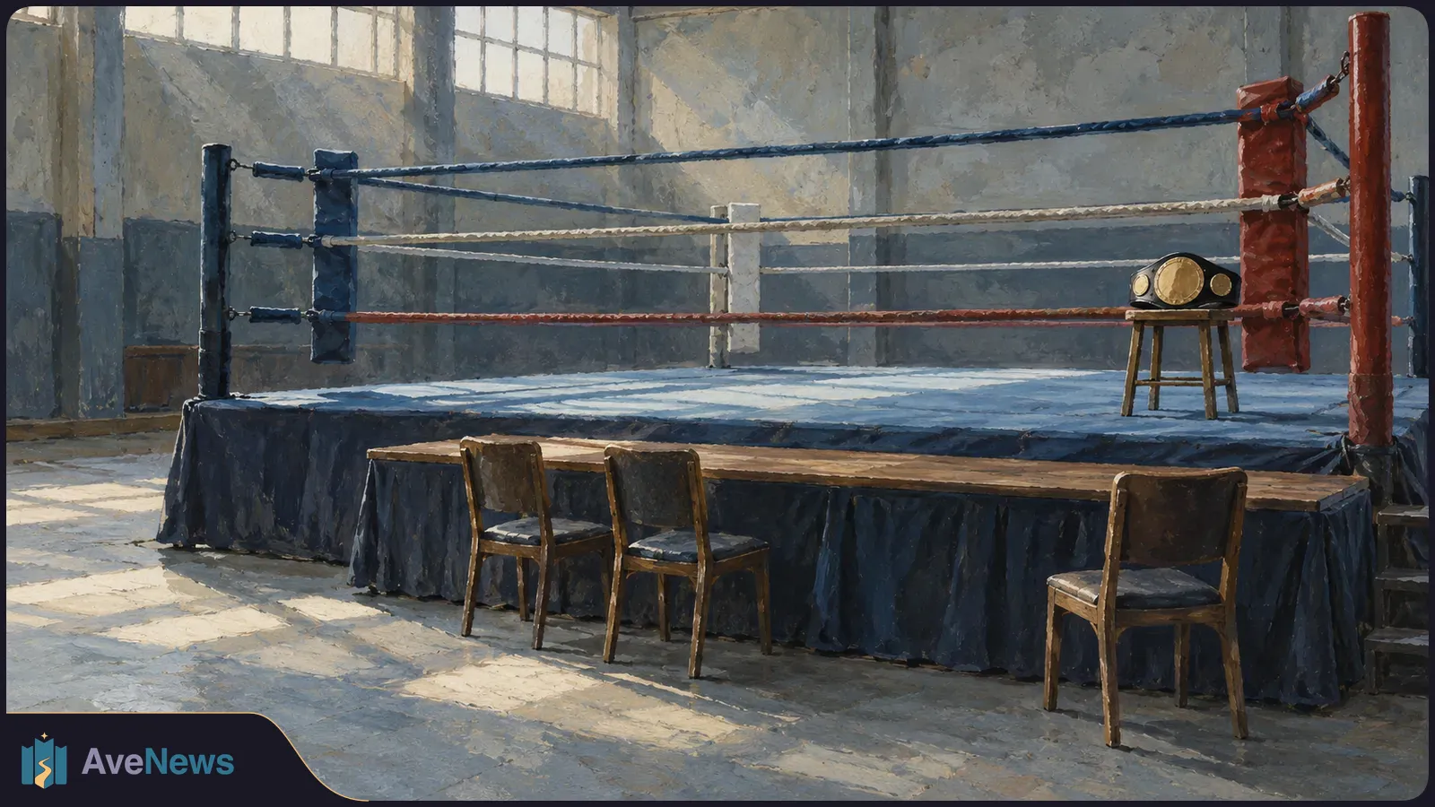 Painted view of an empty boxing ring in a sunlit gym, with a championship belt on a stool and three chairs beside the ring. SI illustration