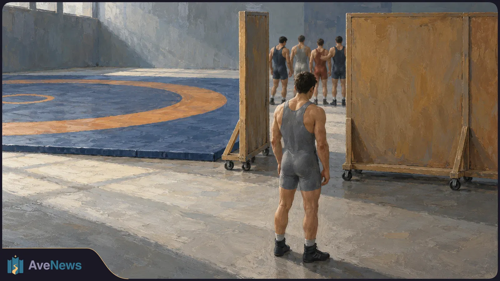 Illustration of a wrestler standing beside a blue and orange mat as four others walk away between wheeled wooden partitions in a gym. SI illustration