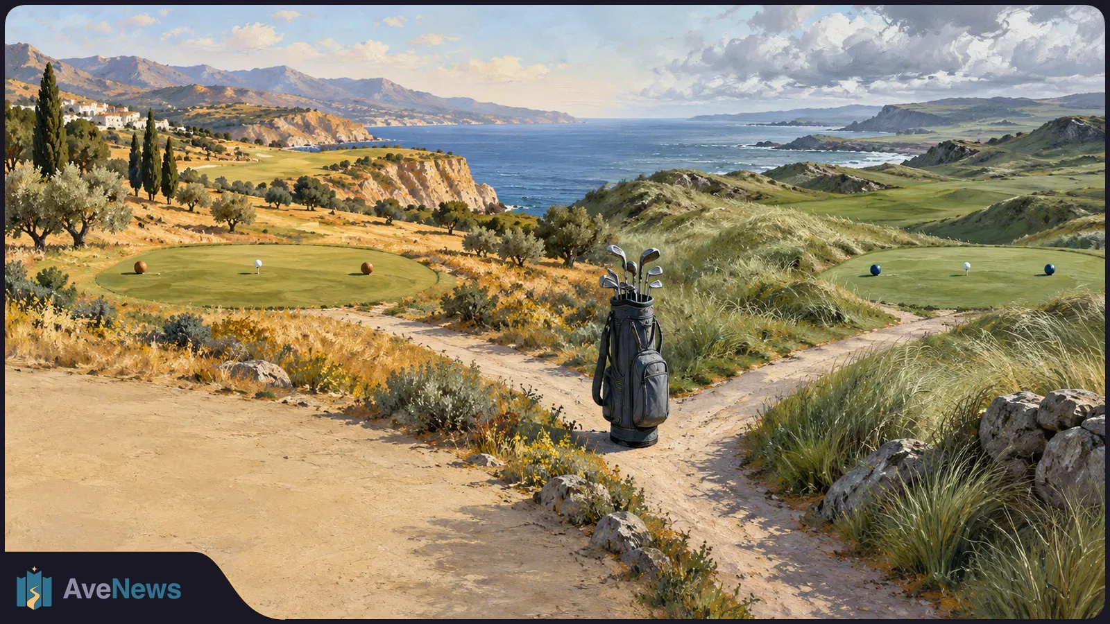 A golf bag stands where a dirt path forks toward two seaside golf teeing areas, with cliffs, hills and the sea beyond. SI illustration