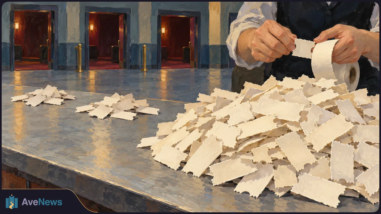 Illustration of a person tearing a ticket from a roll behind a counter piled with paper tickets; three warmly lit doorways stand in the background. SI illustration