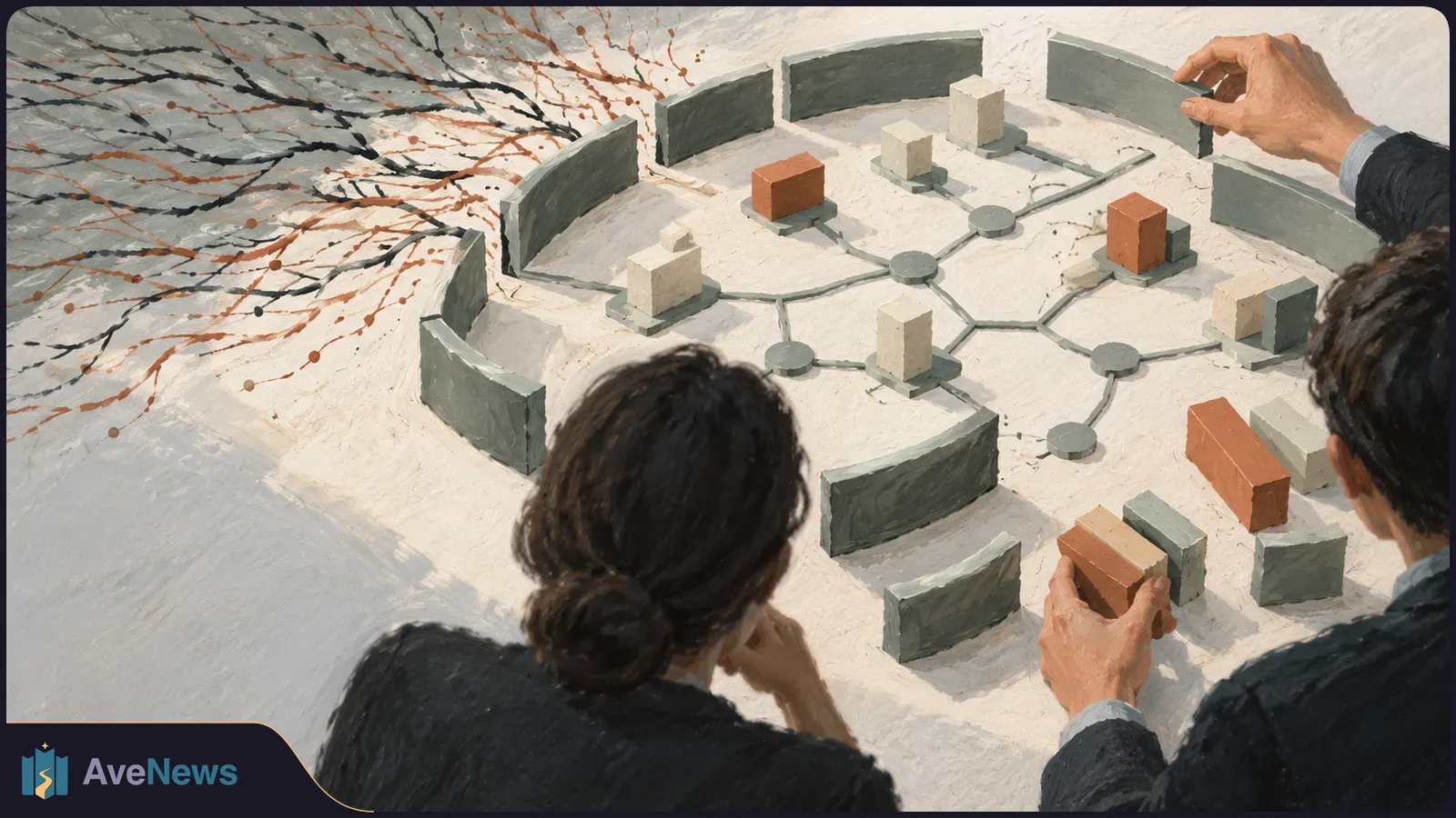 Painted illustration of two people seen from behind arranging small blocks on a tabletop network of connected circles, with curved barriers around it and branching lines at left. SI illustration