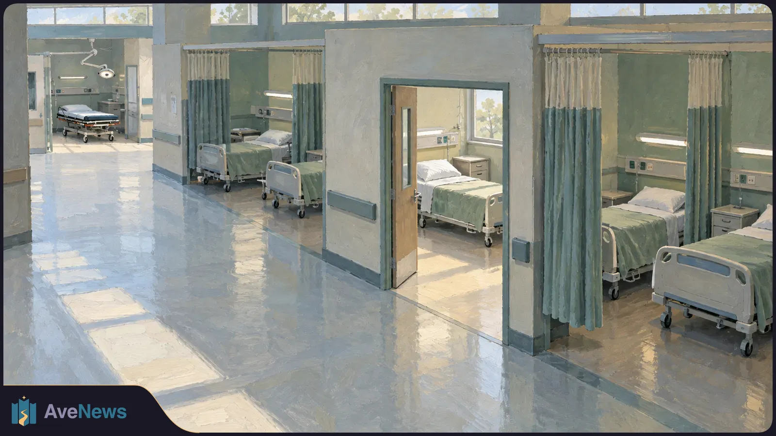 Illustration of an empty hospital ward with beds behind blue-green privacy curtains and a sunlit corridor. SI illustration