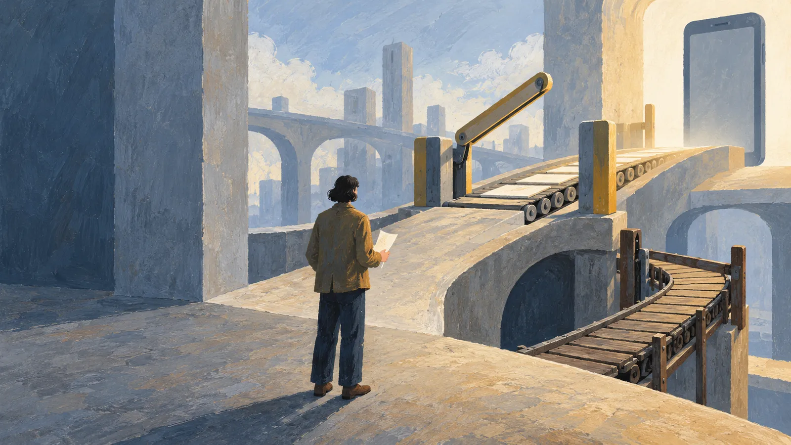A person holding a sheet of paper faces a raised conveyor carrying papers toward a large phone, amid stone arches and elevated walkways. SI illustration