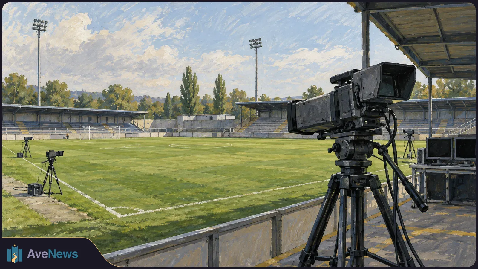 Painted football stadium with empty stands, a large broadcast camera beside the pitch, smaller cameras on tripods and two dark monitors. SI illustration