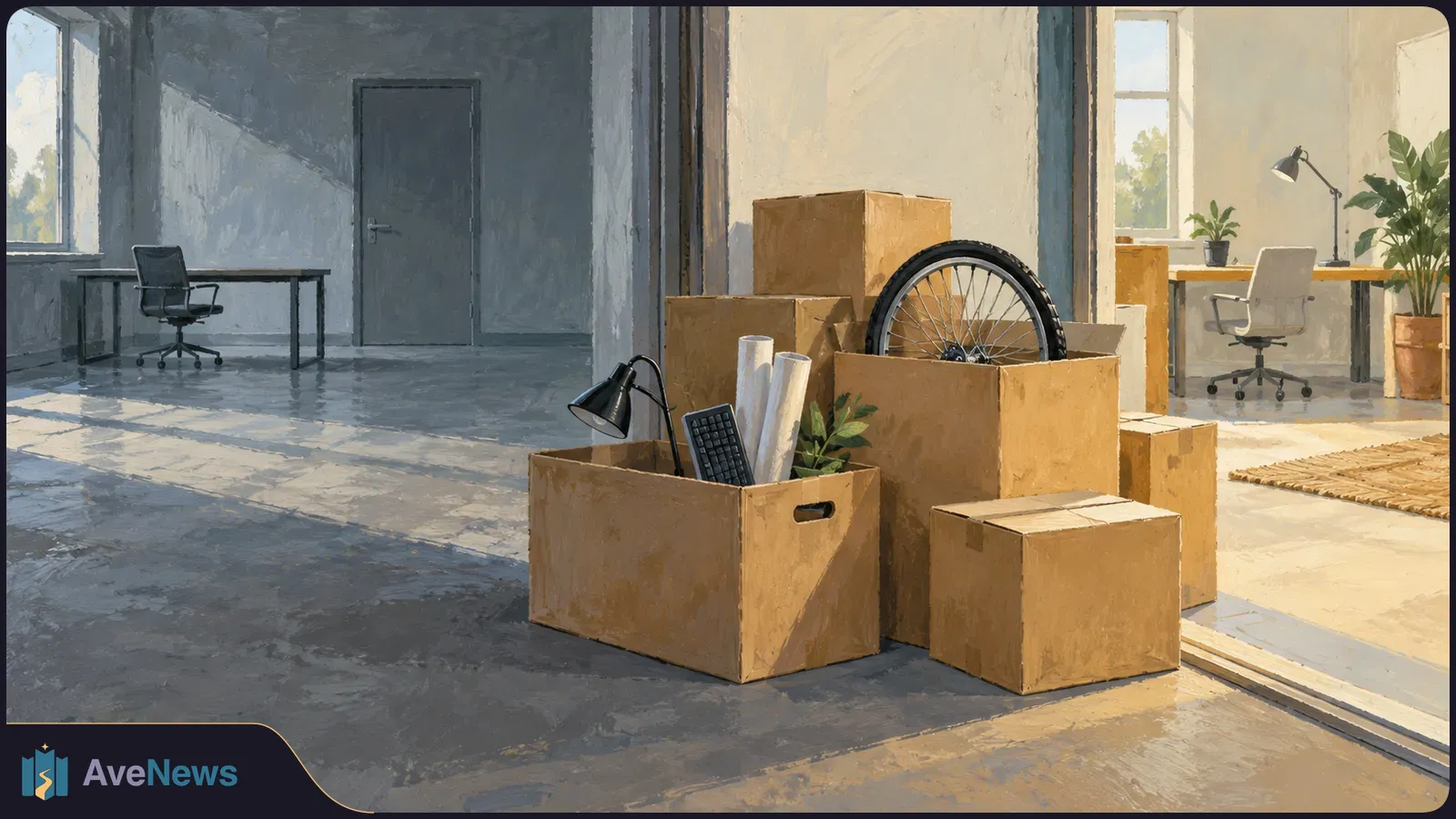 Illustration of cardboard boxes, a bicycle wheel and office supplies between a dim, mostly empty office and a bright room with a desk and plants. SI illustration