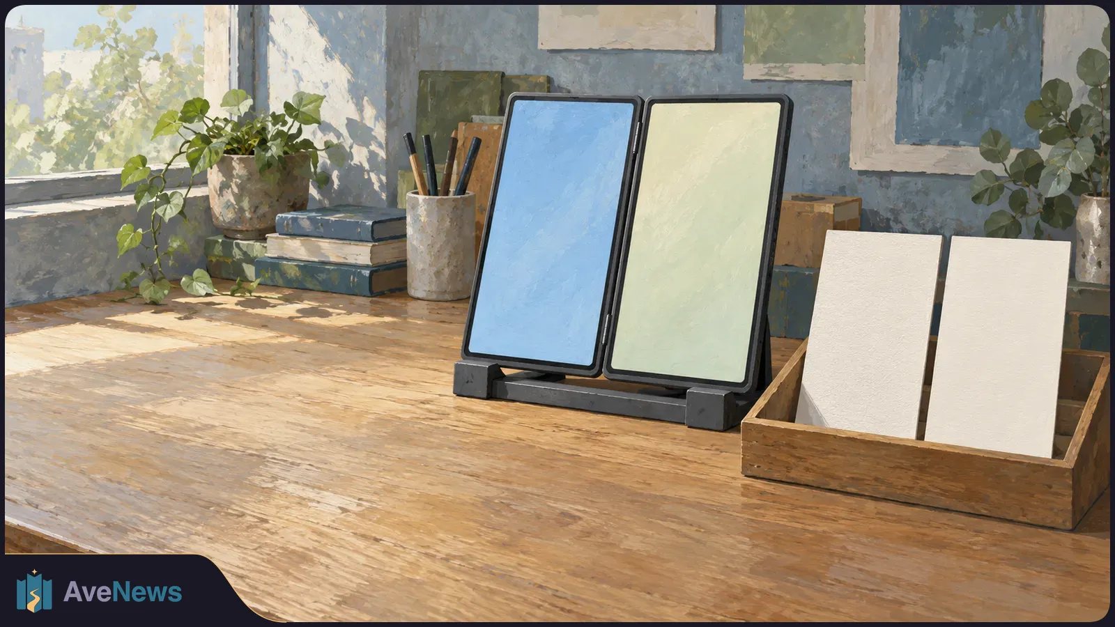 Painterly illustration of two tall, blank screens on a desk beside two blank cards in a wooden tray, with books, pencils and potted plants nearby. SI illustration
