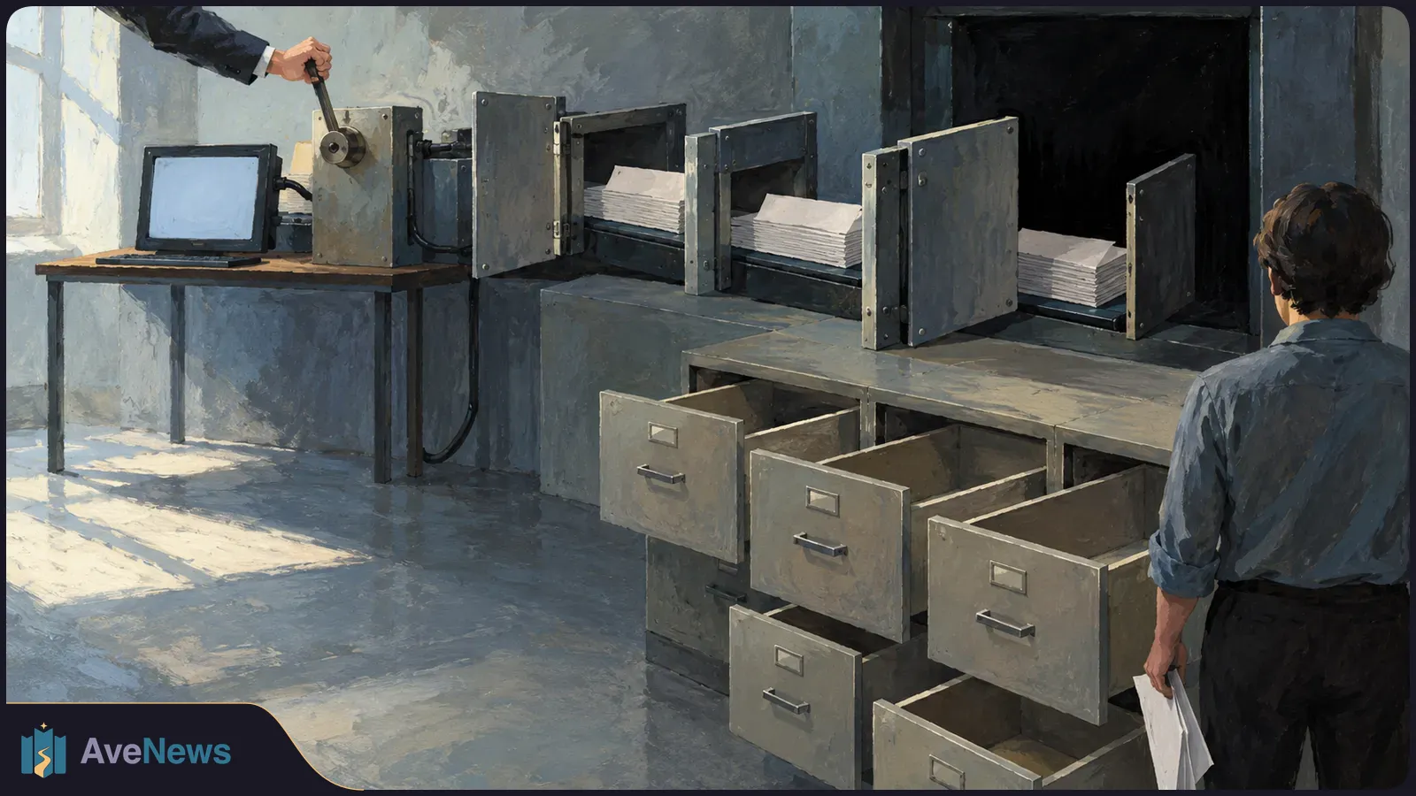 Painted scene of a person holding papers beside open filing drawers and a machine carrying stacks of sheets; another person's arm pulls a lever near a blank laptop screen. SI illustration