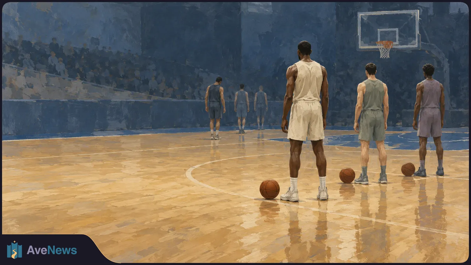Painterly illustration of basketball players standing on an indoor court, with three balls in the foreground, a hoop ahead and spectators in the stands. SI illustration