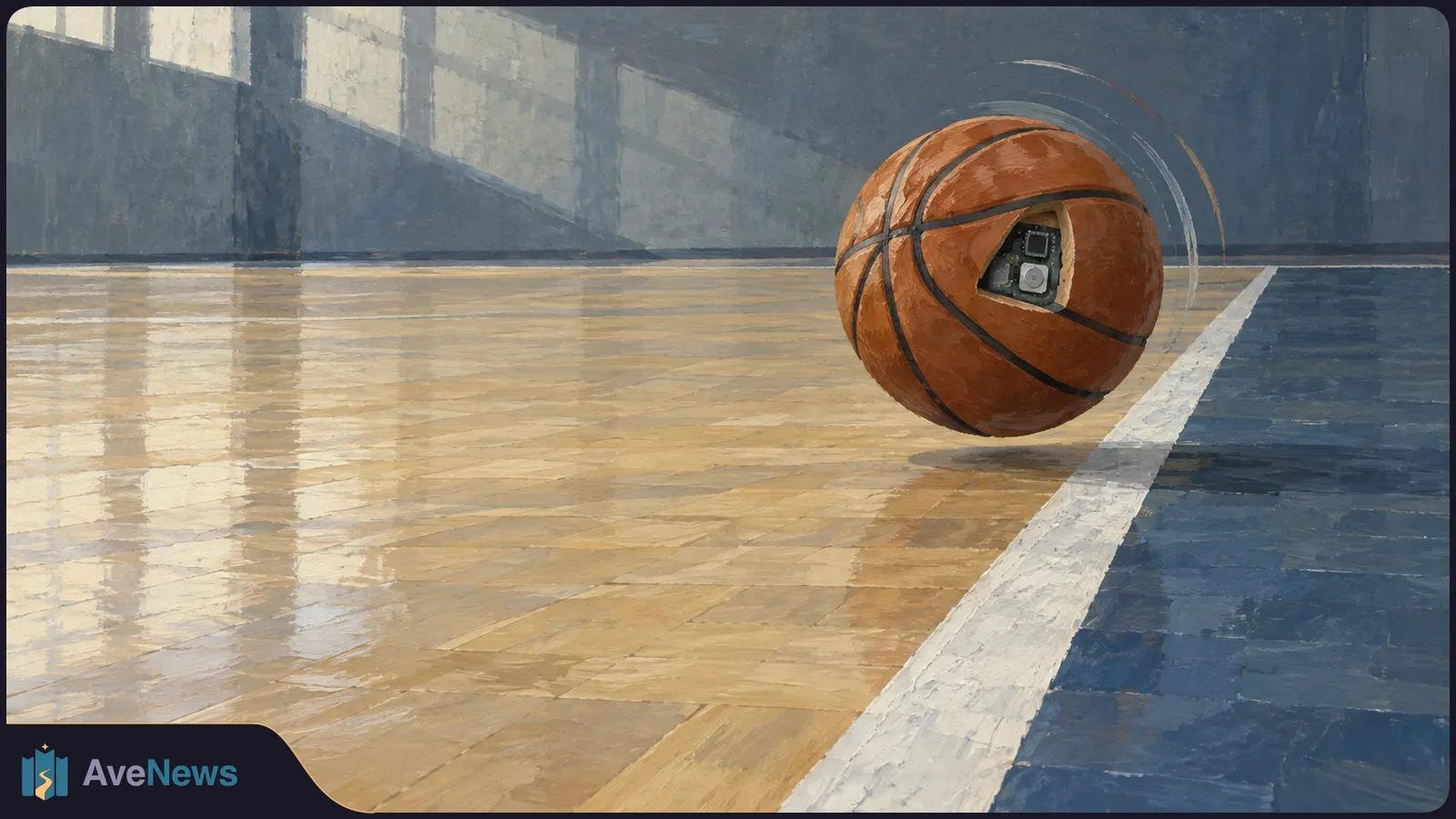 Painted indoor basketball court with a ball hovering beside a white boundary line. A cutaway in the ball reveals a small electronic component. SI illustration