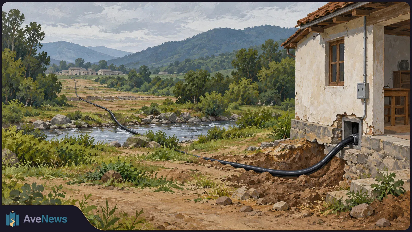 Painted rural landscape with a thick black cable entering a house wall and running across dug-up ground toward a stream; trees, distant buildings and hills fill the background. SI illustration