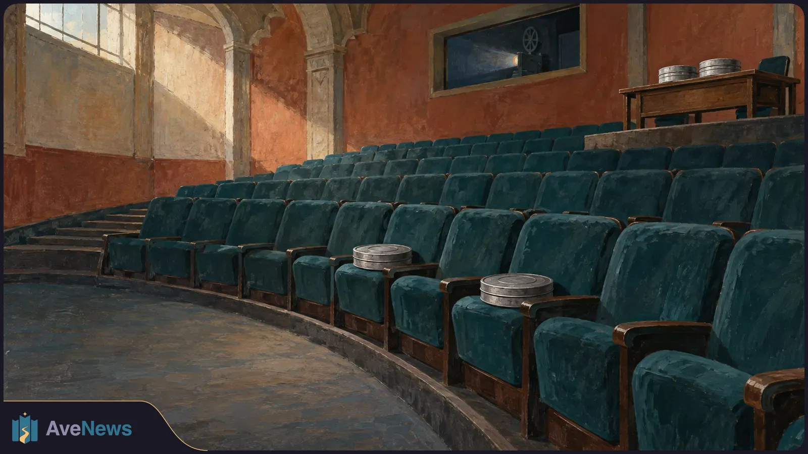 An empty, worn cinema with curved rows of teal seats, two metal film canisters on the front seats, and a projection booth above. SI illustration