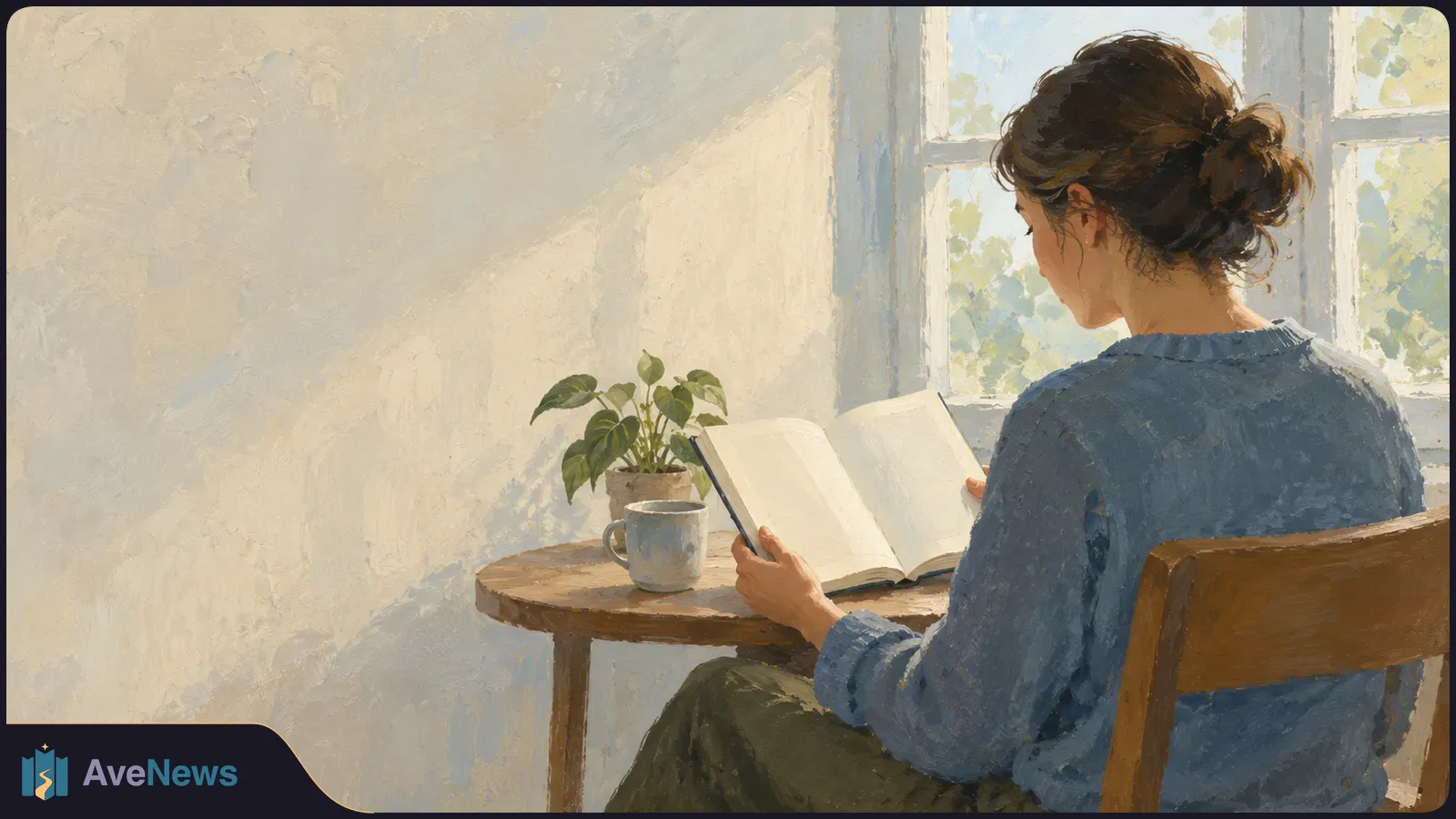 Painterly illustration of a woman in a blue sweater reading an open book at a wooden table by a sunlit window, with a mug and potted plant beside her. SI illustration
