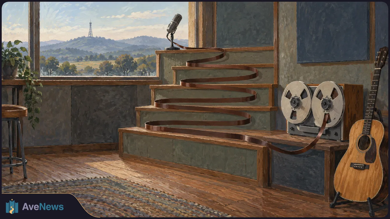 A painted studio scene shows recording tape winding up a staircase toward a microphone, with a reel-to-reel recorder, acoustic guitar and distant radio tower. SI illustration