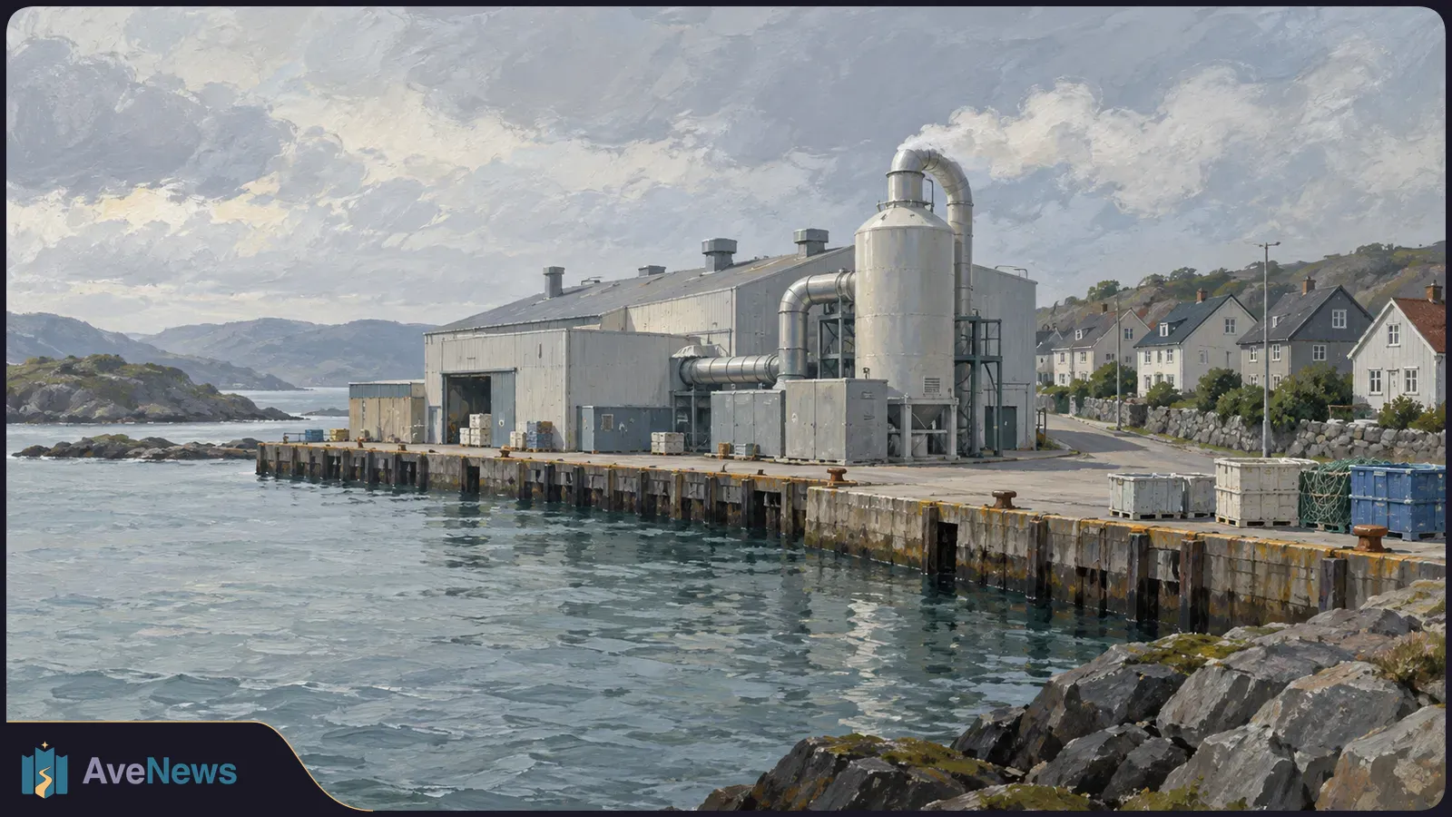 Painted coastal industrial plant with tanks and ductwork beside a pier, with water, a rocky shore and houses under a cloudy sky. SI illustration
