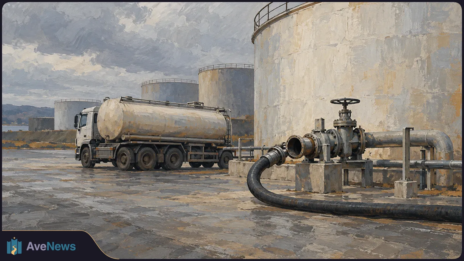 Illustration of a tanker truck beside large storage tanks, with a thick hose and industrial pipes in the foreground under a cloudy sky. SI illustration