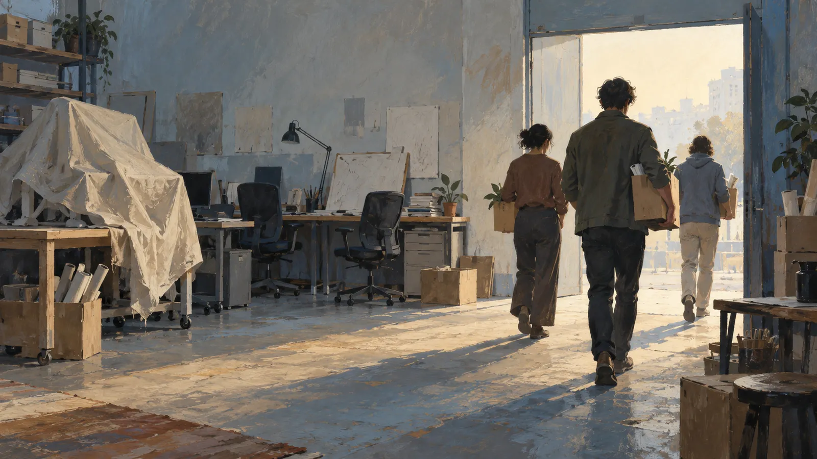 Three people carrying boxes walk toward a sunlit doorway in a studio with desks, chairs, canvases and covered equipment. SI illustration