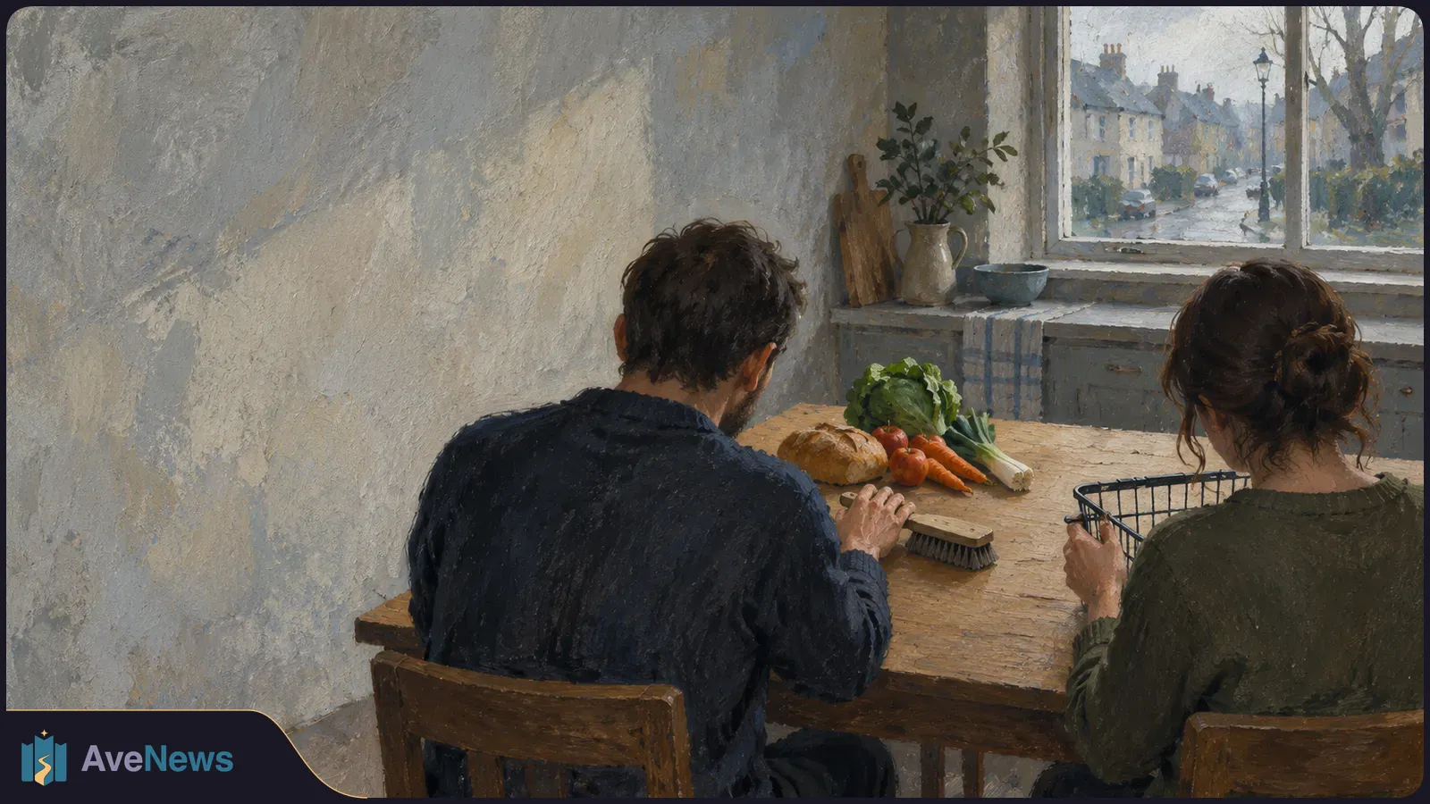 Painting of two people seated at a wooden table with bread, vegetables, a brush and a wire basket. A residential street is visible through the window. SI illustration
