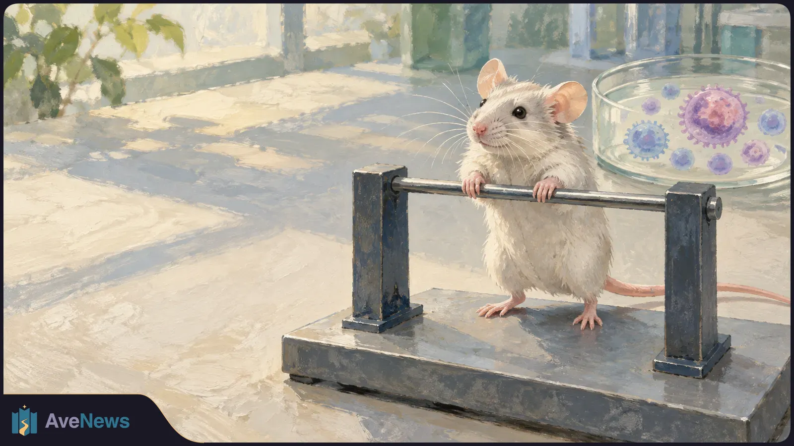 Painted white mouse gripping a metal bar on a platform, with a glass dish of purple and blue cell-like shapes behind it. SI illustration