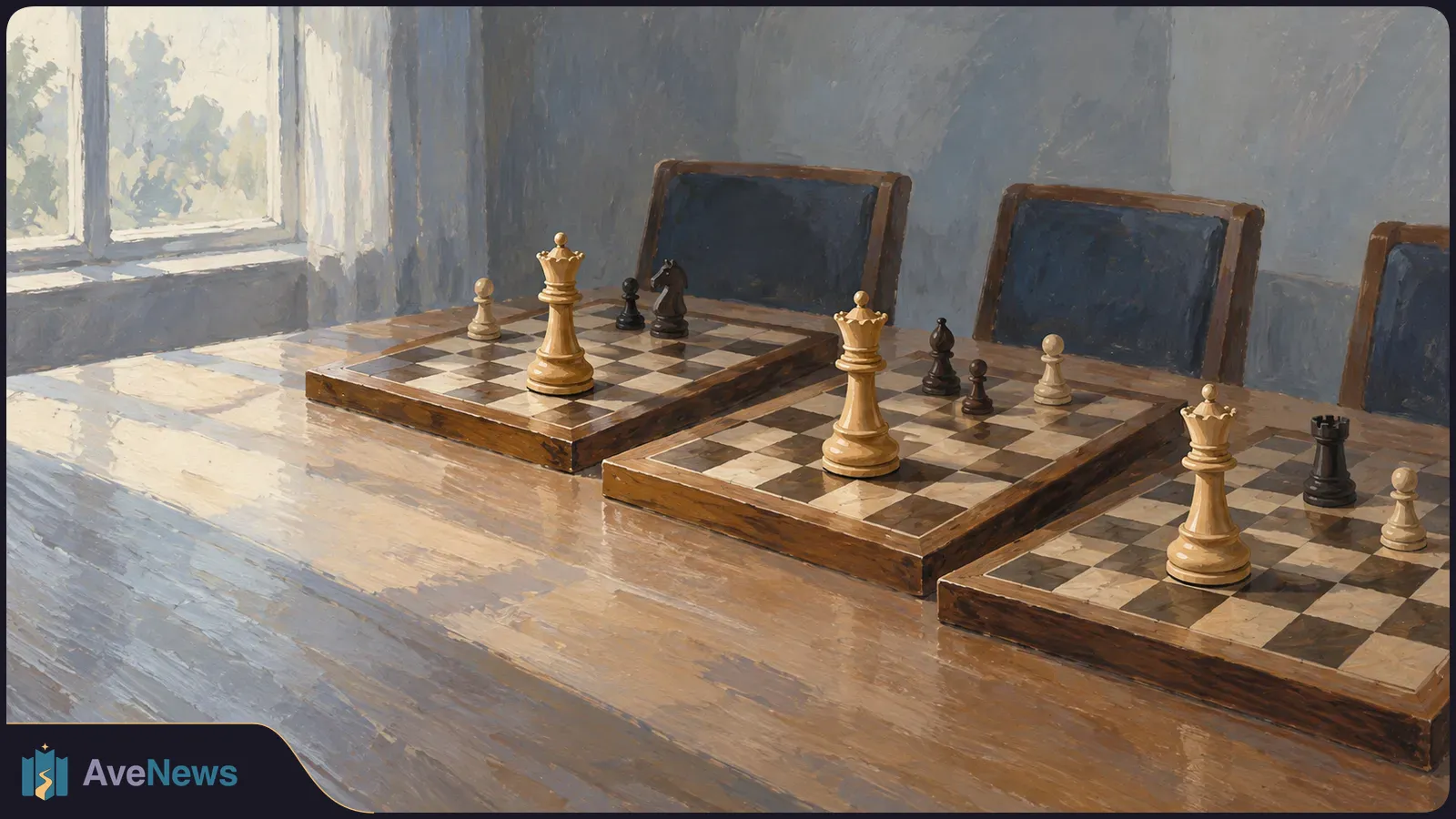 Painterly scene of three chessboards lined up on a sunlit table, each with a prominent white queen and a few other pieces; empty chairs stand behind them. SI illustration