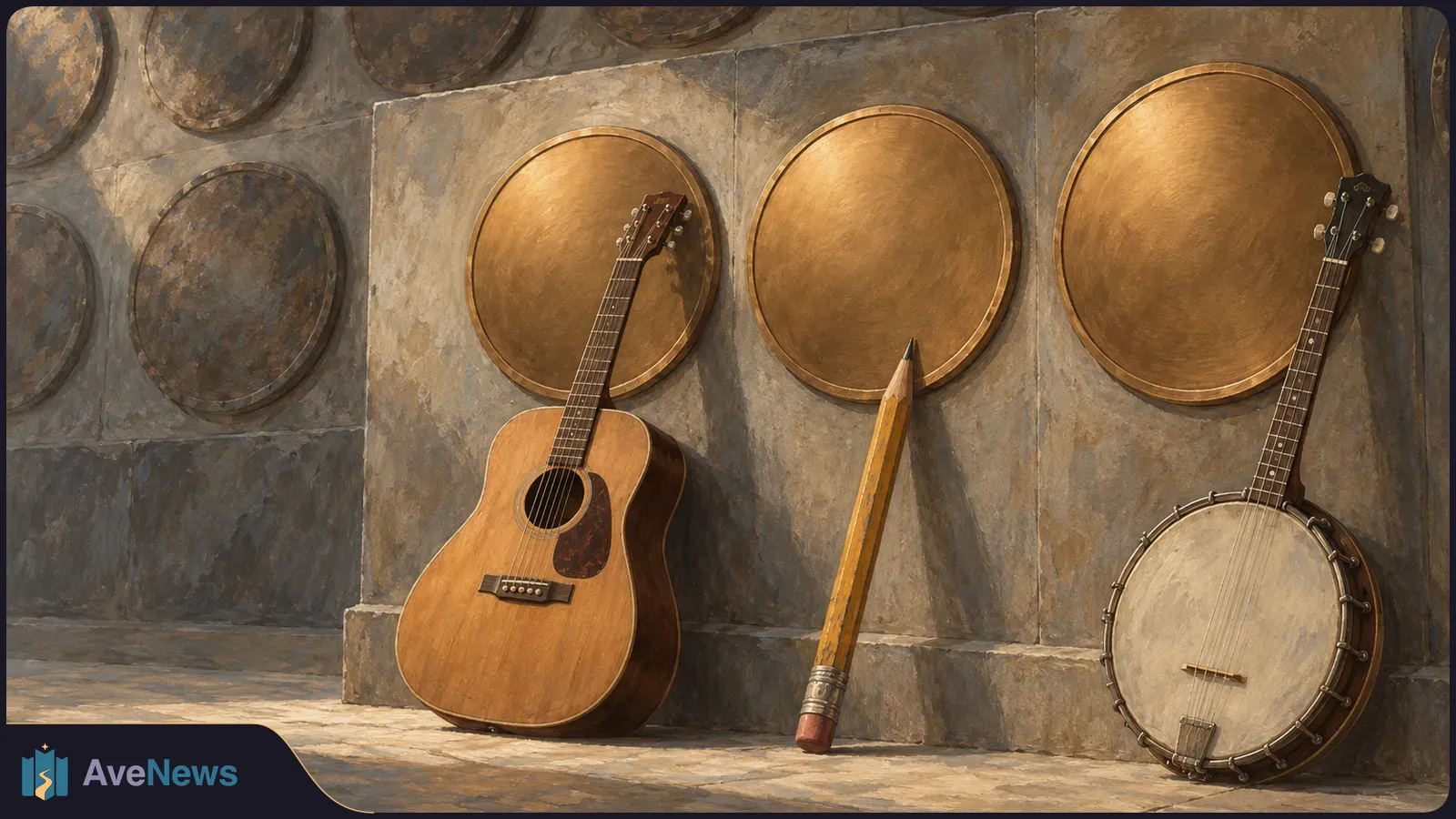 A painted acoustic guitar and banjo lean against a stone wall beneath three blank gold discs, with a large pencil between them. SI illustration