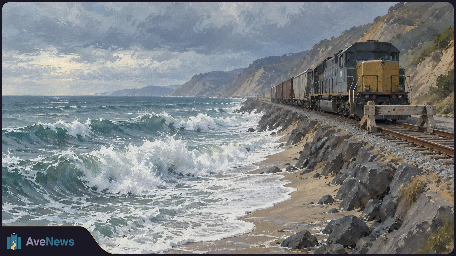 Painterly illustration of a freight train on tracks beside a rocky beach, with rough waves, coastal cliffs and dark clouds. SI illustration