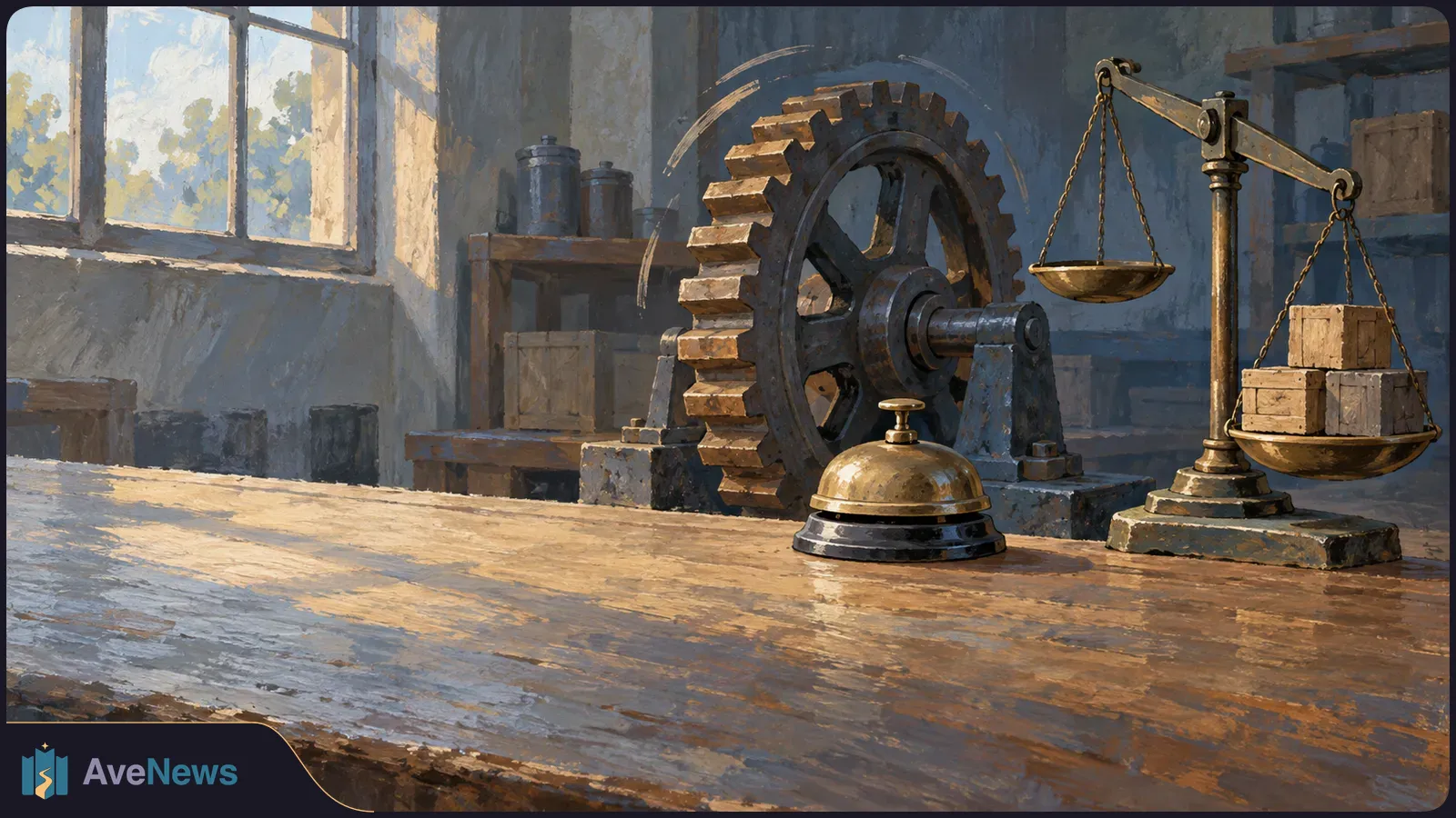 A brass desk bell sits on a wooden counter beside a large gear and a balance scale. Wooden crates weigh down one pan as daylight enters through a window. SI illustration