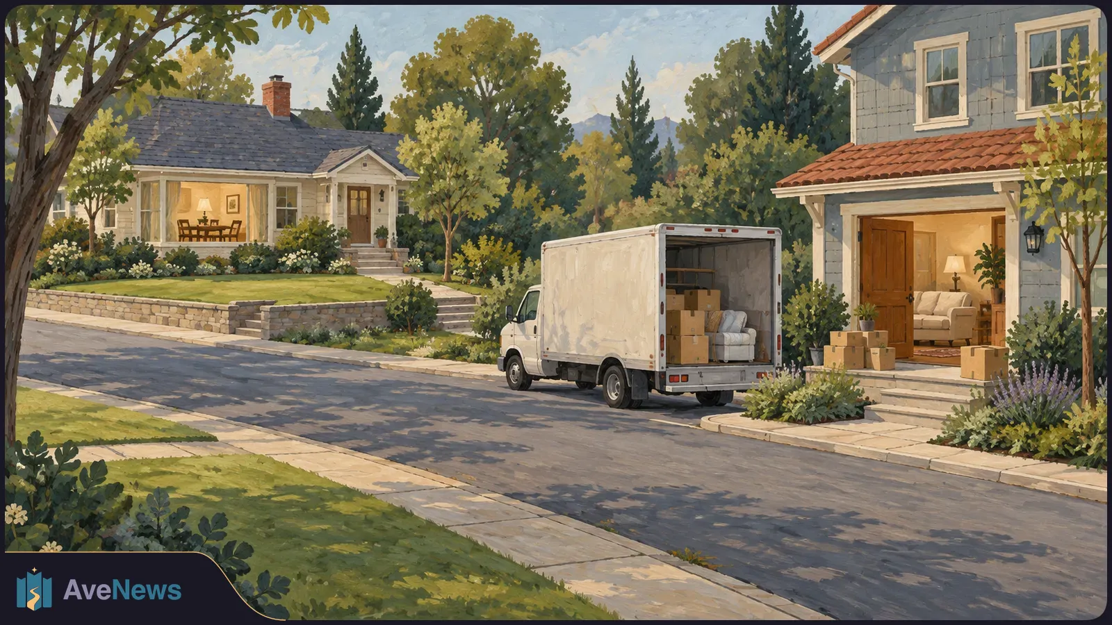 Painted suburban street with a white moving truck carrying boxes and an armchair between two houses; more boxes sit by the open doorway of the house on the right. SI illustration