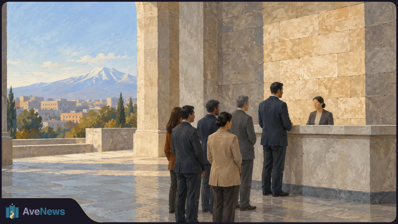 Painterly illustration of several people waiting at a stone counter, with a clerk behind it and a city and snow-capped mountain visible through an arch. SI illustration