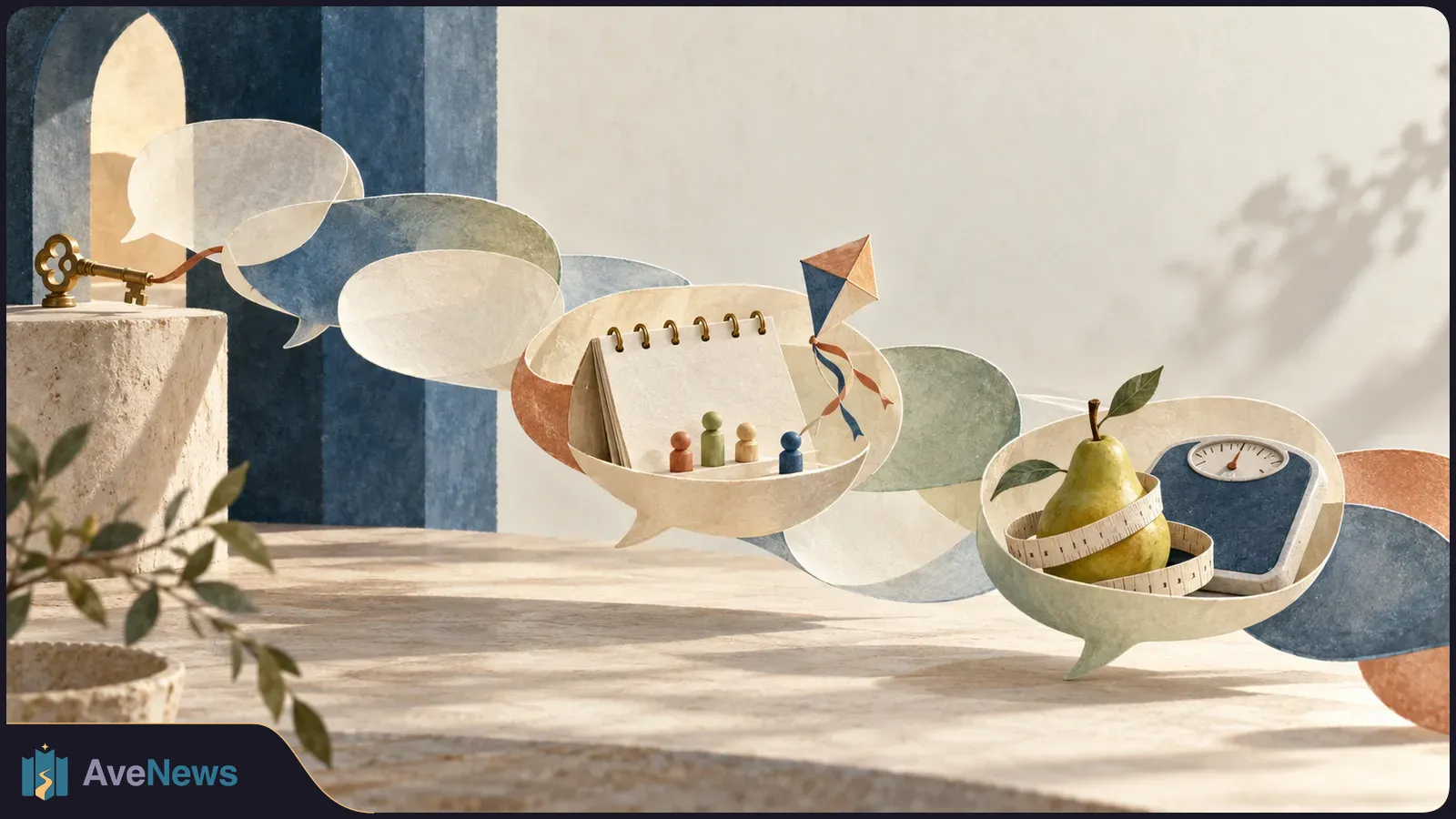 Illustration of overlapping speech bubbles containing a blank calendar, small figures and a kite, plus a pear wrapped in measuring tape beside a scale. A key rests at left. SI illustration