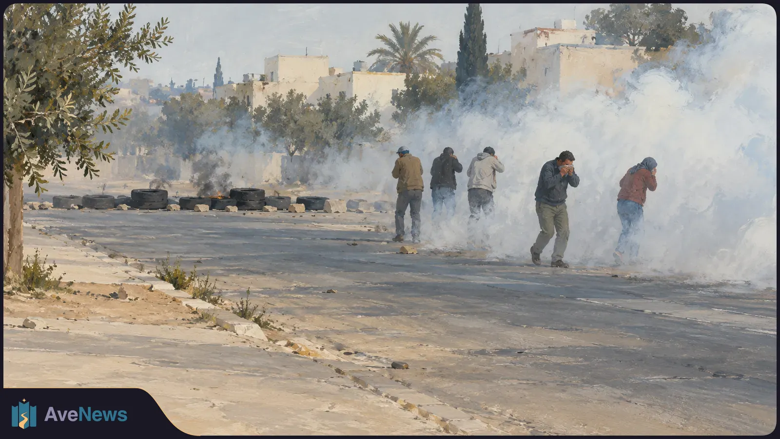 Painterly street scene with five people shielding their faces amid thick smoke; tyres and a small fire line the road, with trees and pale buildings behind them. SI illustration