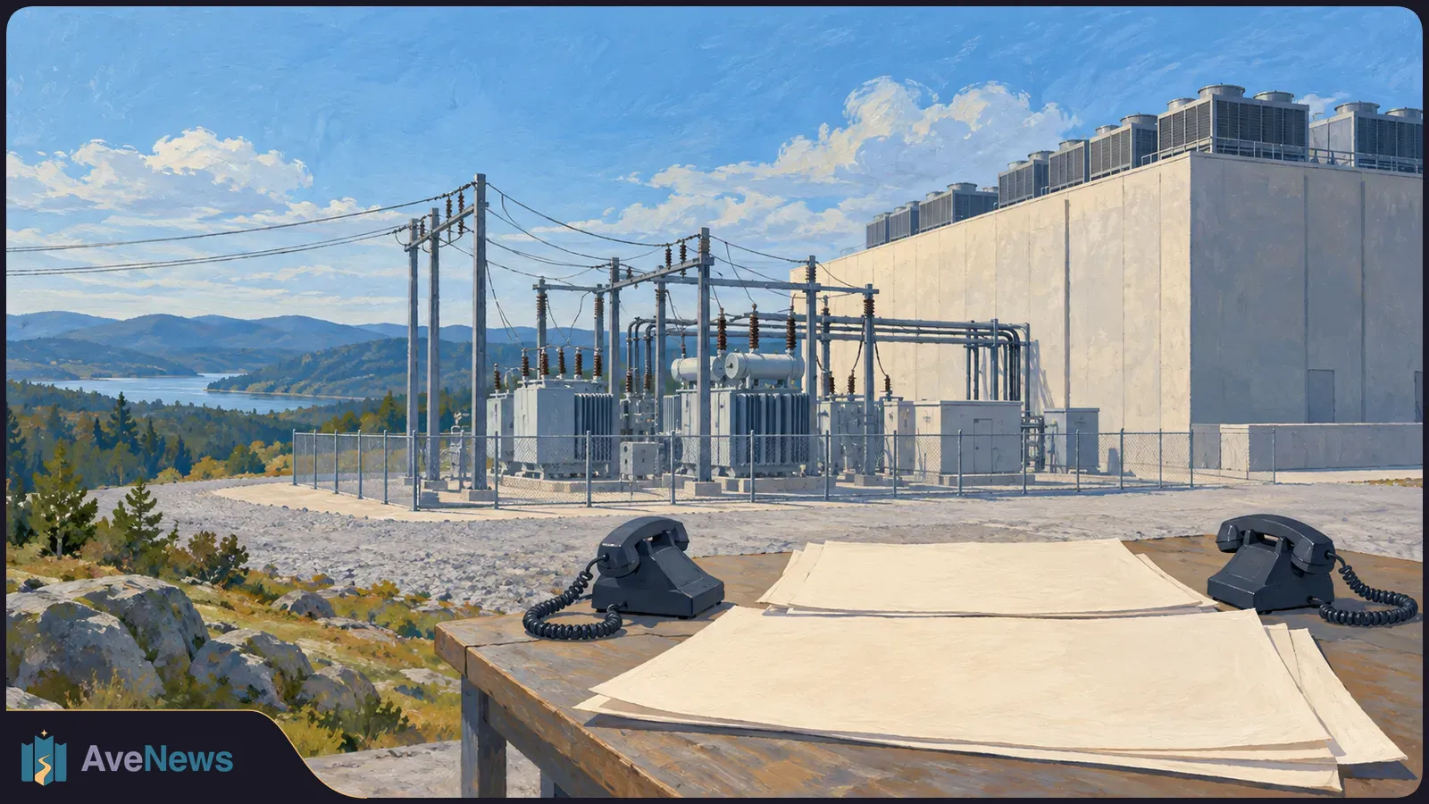 Painted scene of a fenced electrical substation beside a large building. Two black telephones and blank sheets lie on a wooden table, with mountains and water beyond. SI illustration