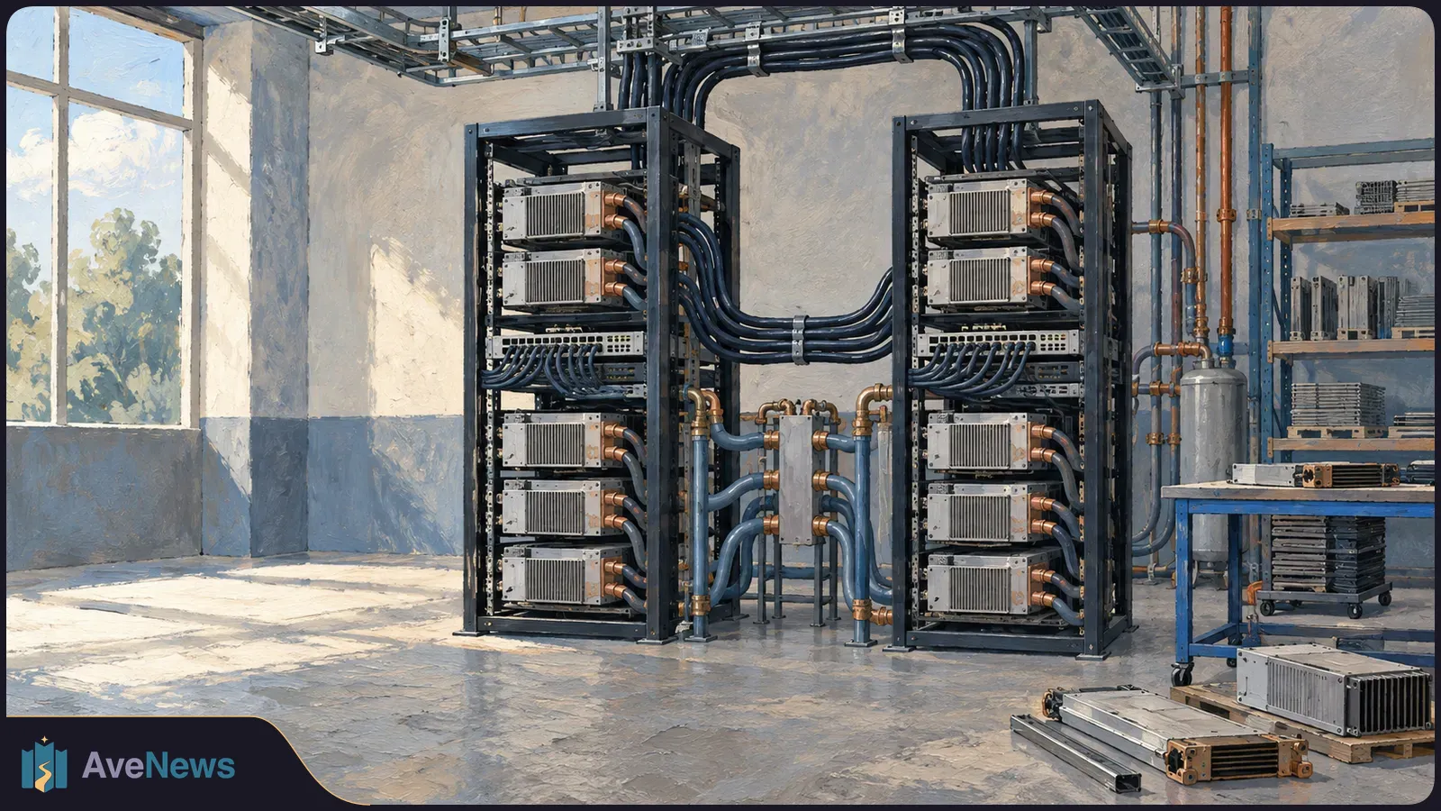 Painted server room with two equipment racks linked by thick cables and pipes, with spare units on a workbench and floor. SI illustration