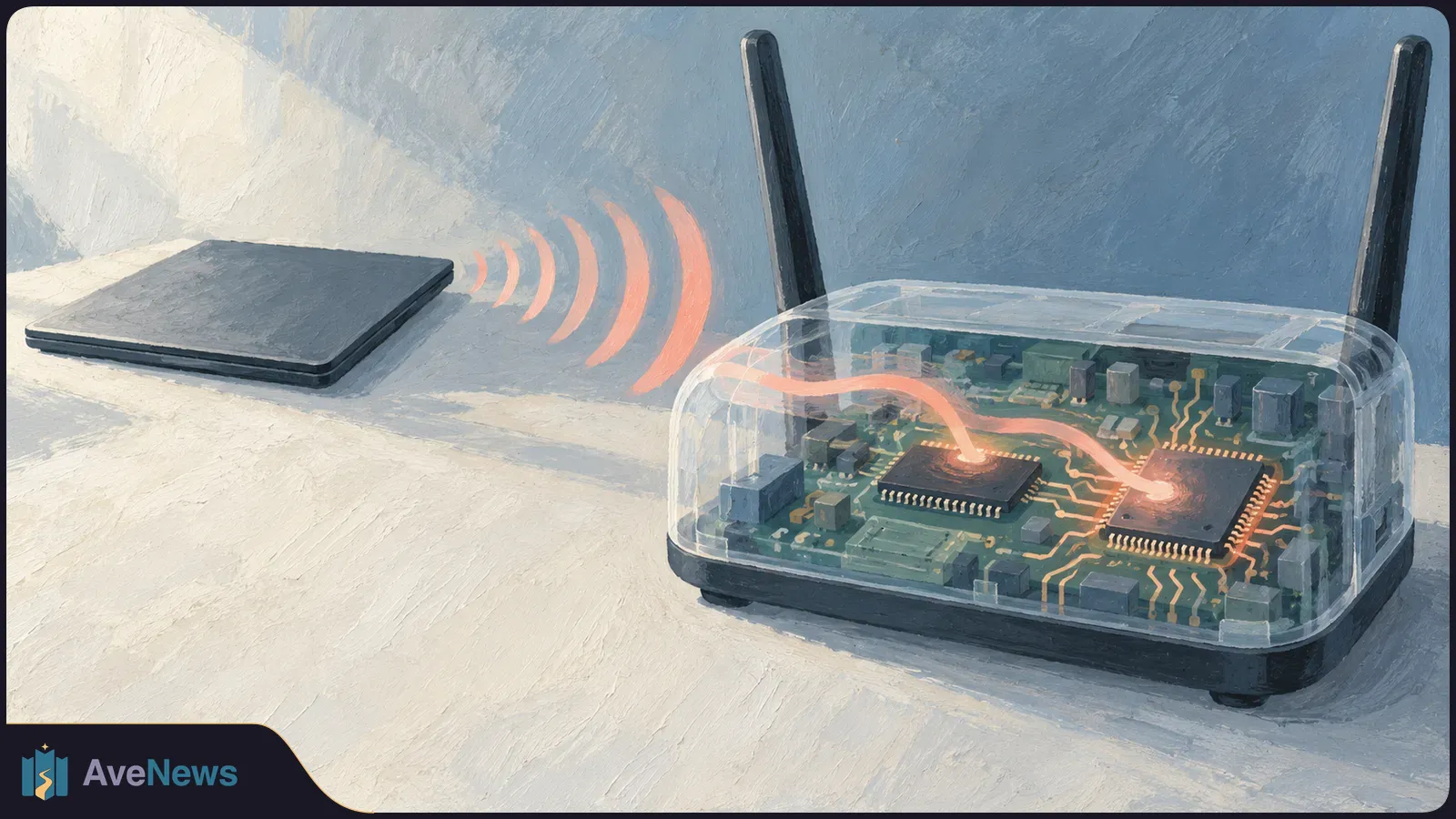 Illustration of a closed dark laptop beside a transparent two-antenna router, with visible circuit boards and orange wireless waves and glowing lines. SI illustration