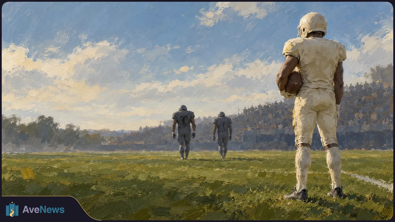 Painterly view of an American football field: a player in white holds a ball in the foreground while two players in gray walk away, with crowded stands behind them. SI illustration
