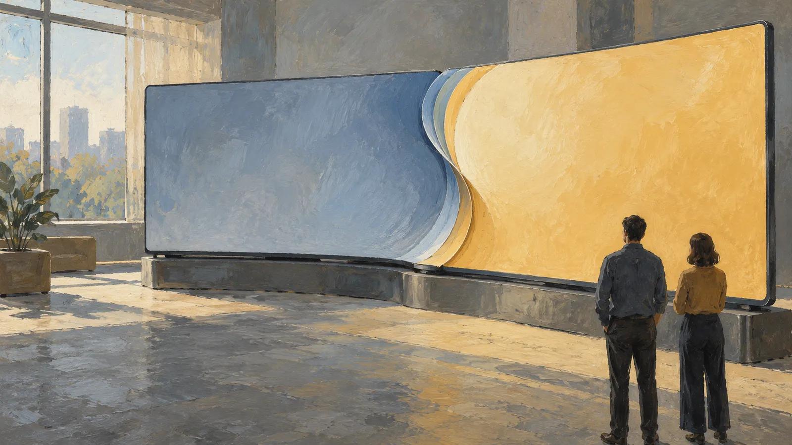 Two people stand before a large blue and yellow curved display in a sunlit room, with a city skyline visible through the windows. SI illustration