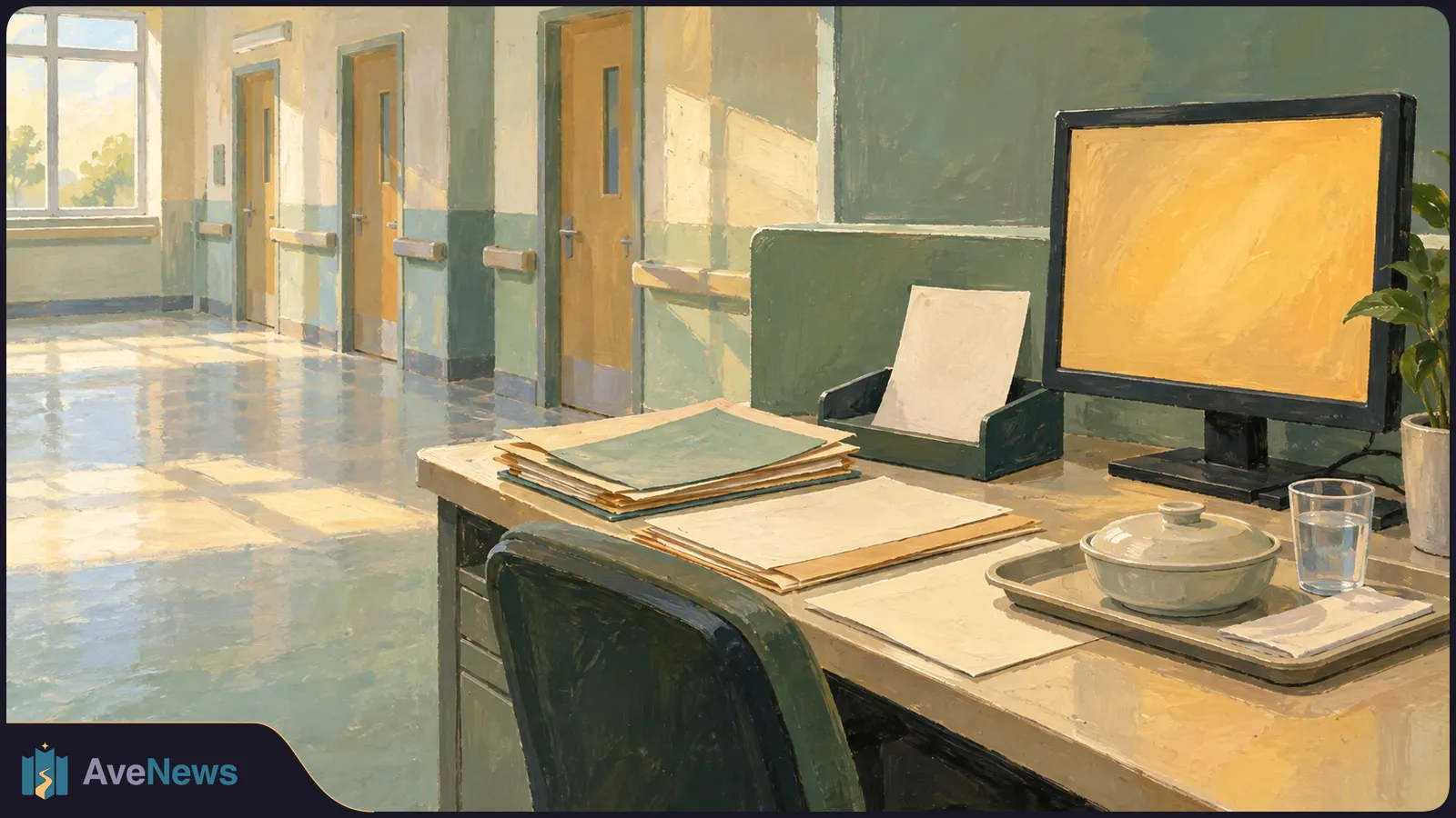 Painted hospital corridor with a desk holding patient files, a blank monitor and a covered meal tray. SI illustration
