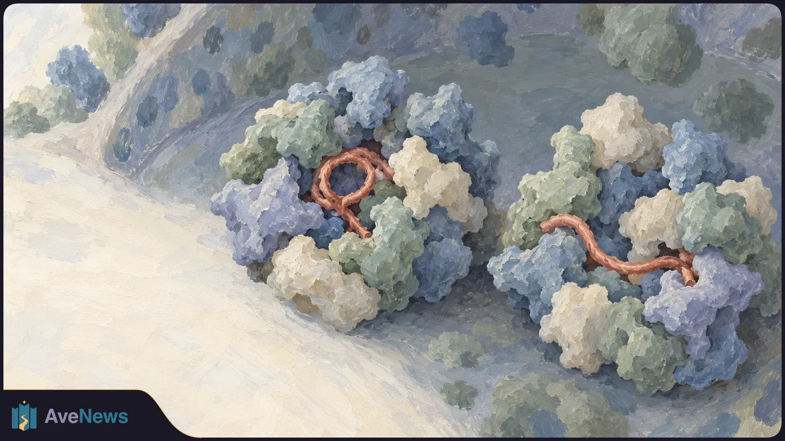 Painterly illustration of two clusters of pastel molecular forms on a pale surface. A copper-colored strand forms a loop in the left cluster and stretches through the right. SI illustration