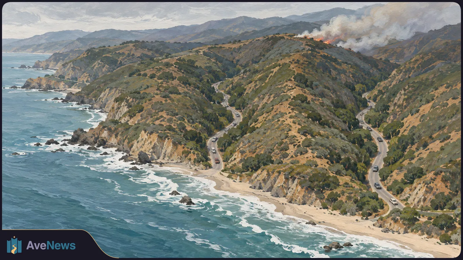 Painted aerial view of winding roads through coastal hills, with cars below and flames and thick smoke rising from a distant ridge. SI illustration